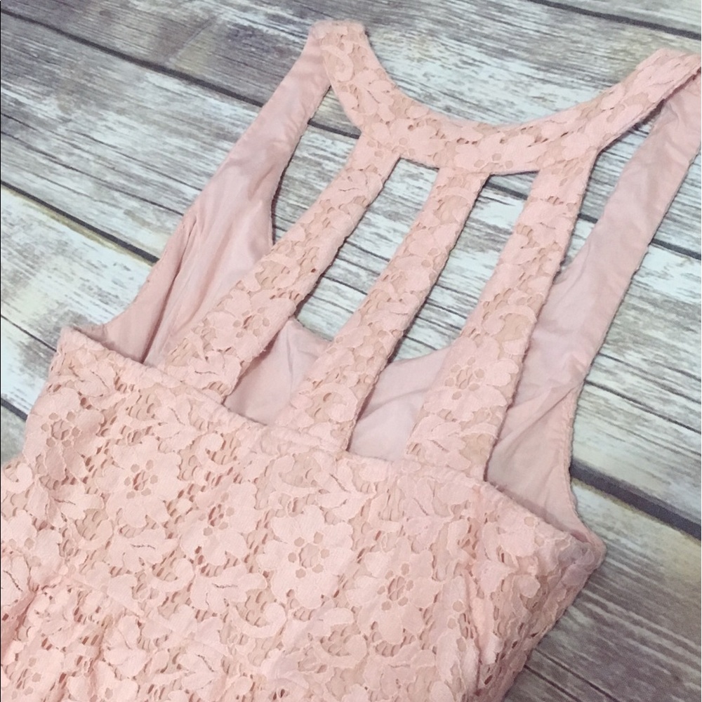 Peach Lace Fit & Flare Caged Back Halter Dress - Picture 2 of 5